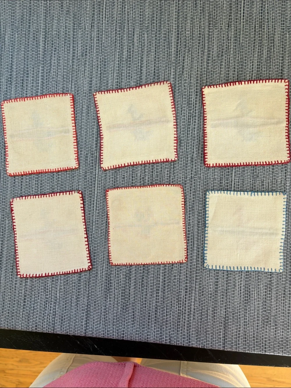 Set of Six Hand-Embroidered Animal Coasters - Red & Blue on Cream